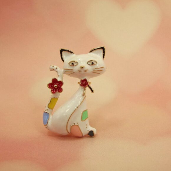 Cute Cat brooch pin in white enamel and multi color colorful spots and flower - Picture 4 of 5